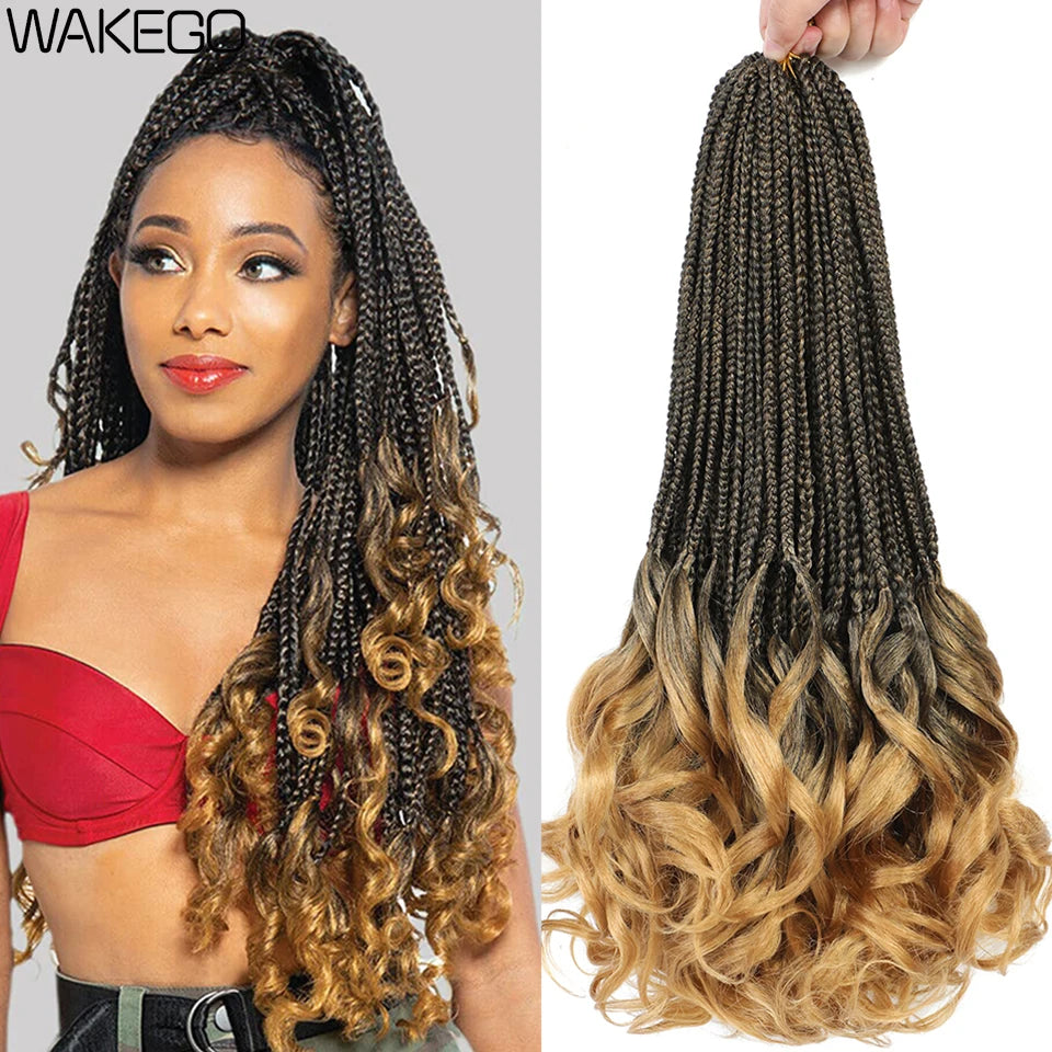 14 18 24 Inch French Curl Box Braids Crochet Hair Ombre Brown to Blonde Prelooped Synthetic French Curls Braiding Hair for Women