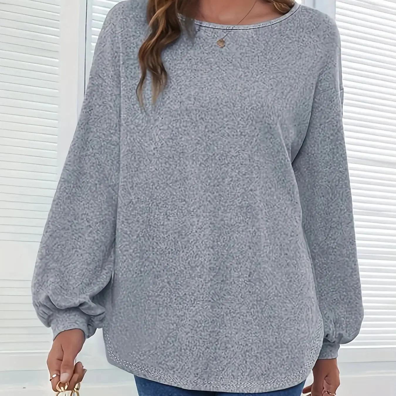 Women's Grey Round Neck Loose Knit Top - Autumn/Winter Casual Wear