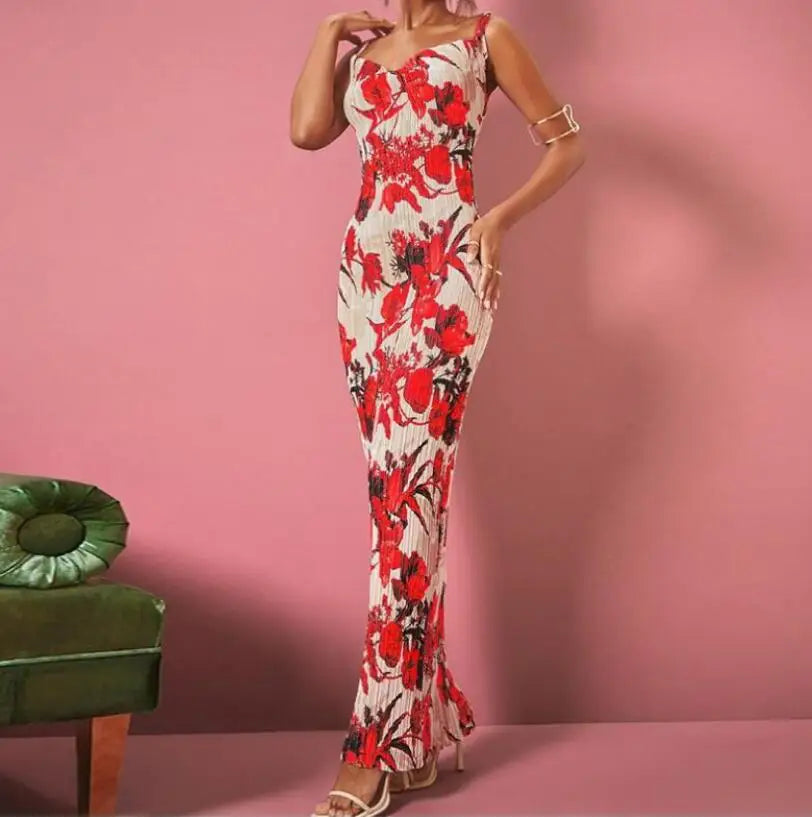 Folds Print Spaghetti Strap Slim Long Dresses Women Fashion Sexy Low Cut Package Hip Bodycon Party Dress Trendy Streetwear New