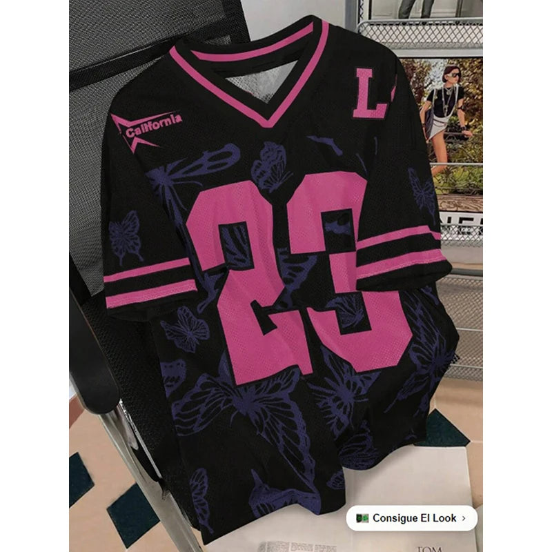 Summer Fashion Butterfly 23 Print TShirt For Women V-Neck Mesh Hole Short Sleeve Sports Football Jersey Y2K Loose Women Clothing