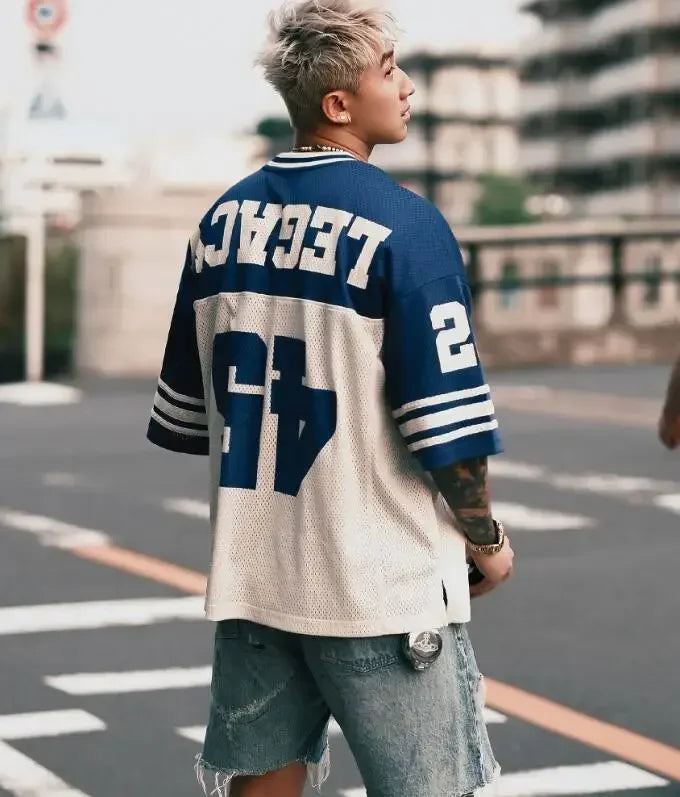 European and American Men's and Women's Football Enthusiasts Fashionable V-neck Short Sleeved T-shirt Retro Rugby Football Tops