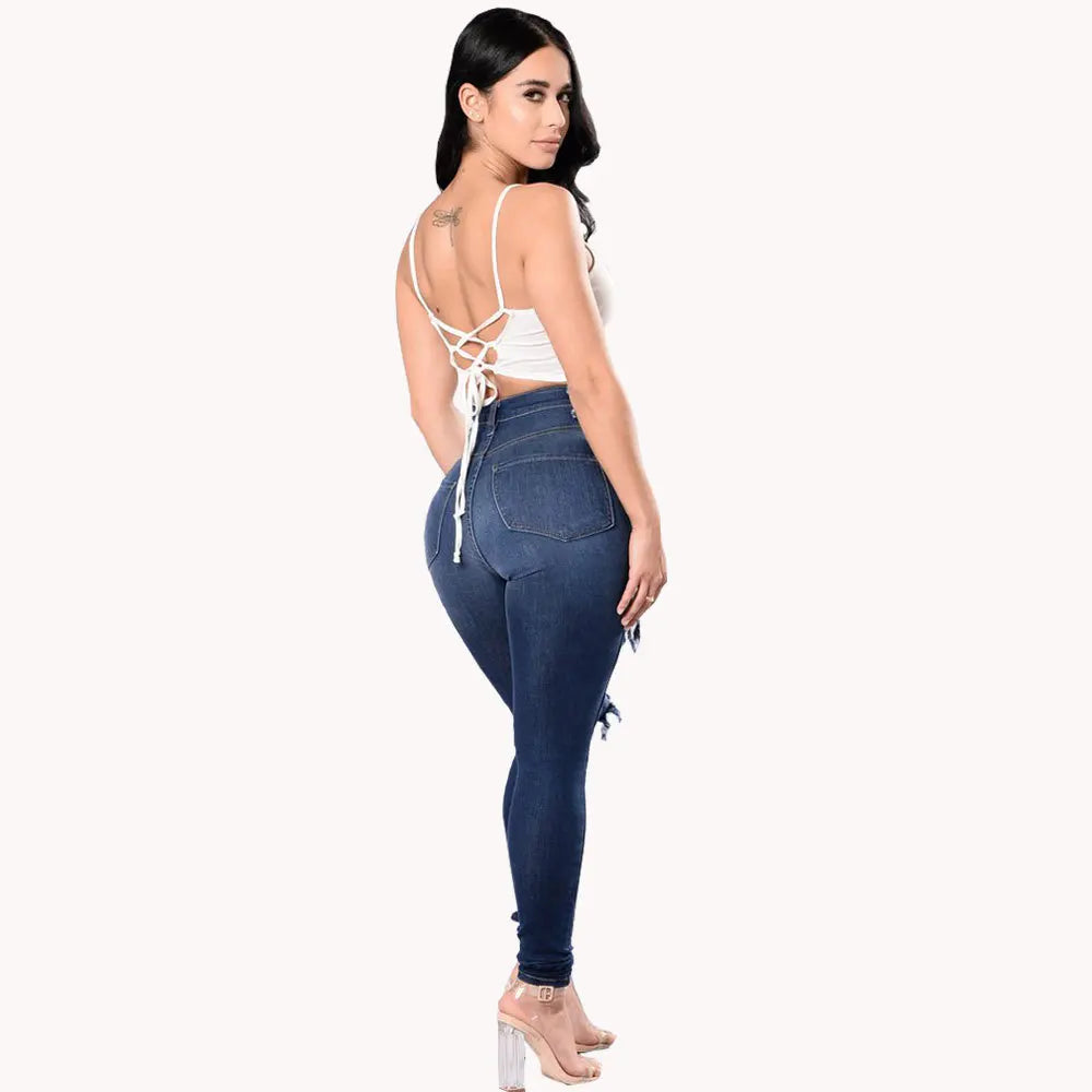HOLE Denim Women 2025 High Waist Ripped Jeans for Women Skinny Black Pockets Jeans Woman Elastic Slim Jean Female Femme Pants