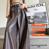 High Waist Wide Leg PU Leather Pants Women's Suit Casual Floor Length Trousers Autumn Winter New Style Loose Fit Long Pants