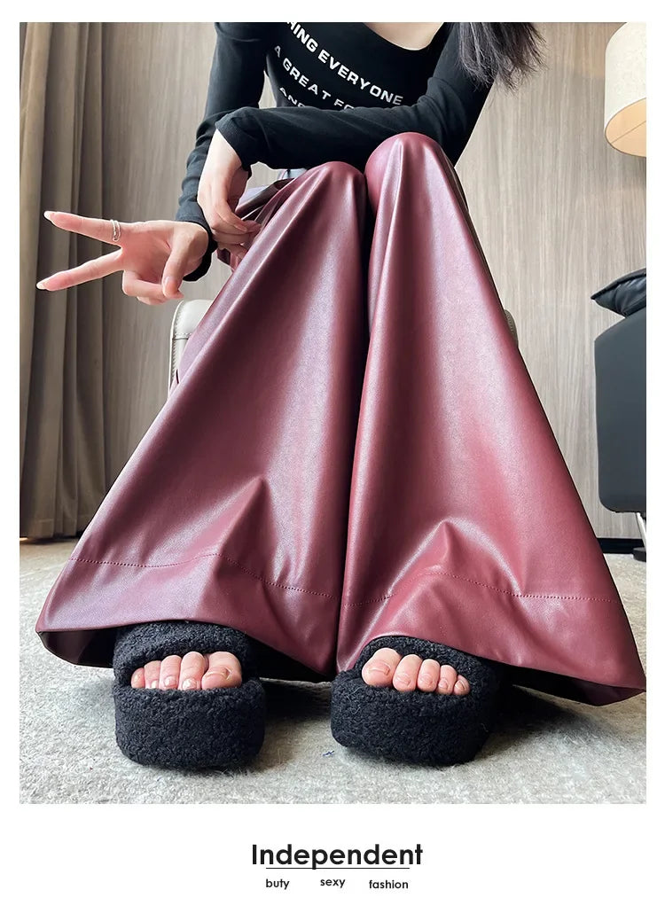 High Waist Wide Leg PU Leather Pants Women's Suit Casual Floor Length Trousers Autumn Winter New Style Loose Fit Long Pants