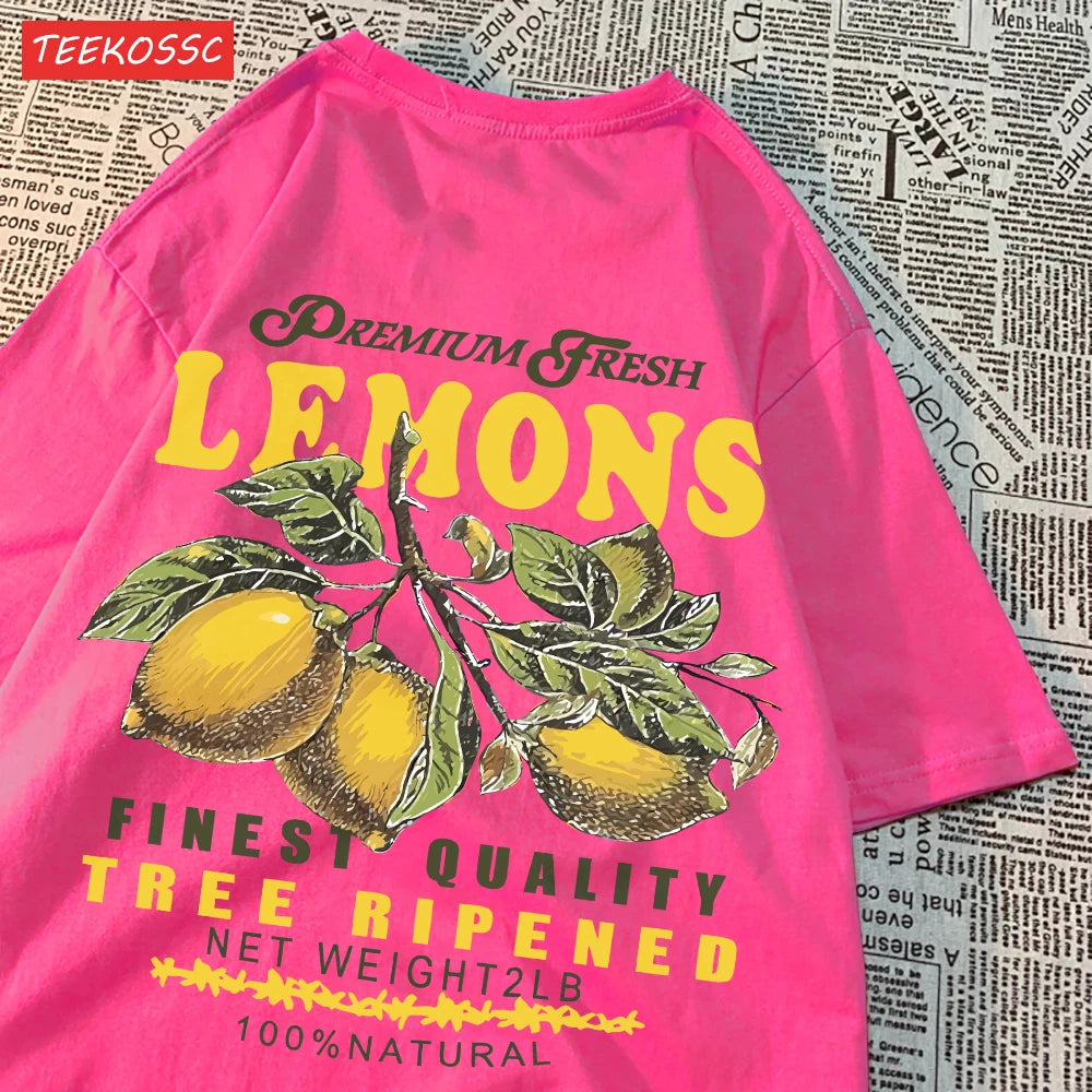 Summer Lemon Cherries Prints T-Shirts Cotton Women's Tops Oversize O-Neck Soft Short Sleeve tees Street Casual Womans Clothes