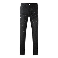 Black Men's American High Street Distressed Rhinestones Patterns Skinny Ripped Button Fly Jeans Pants