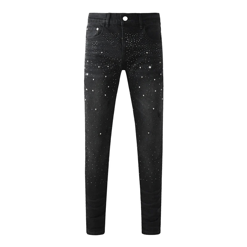 Black Men's American High Street Distressed Rhinestones Patterns Skinny Ripped Button Fly Jeans Pants