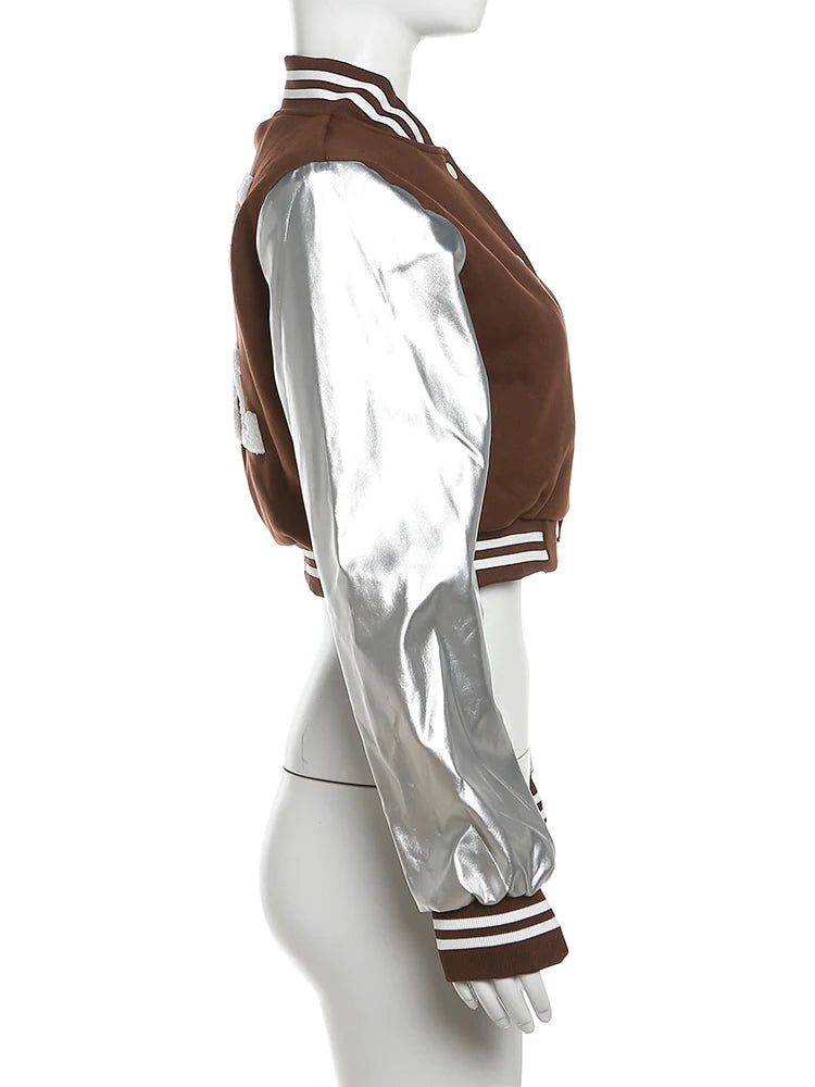 Kliou Letter Shape Patchwork Coats Women Casual Classic Panelled Long Sleeve Single Breasted Croped Jacket Female Street Outwear