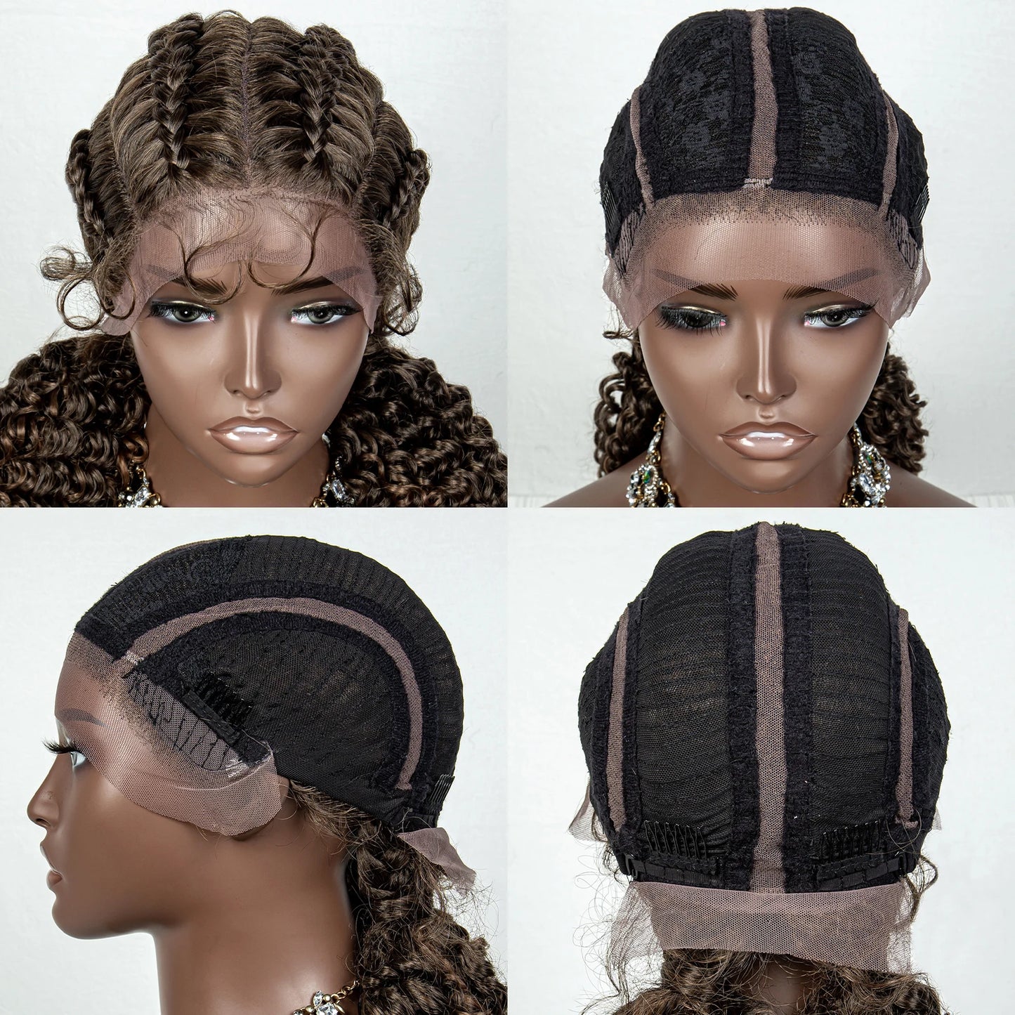 22inch Cornrow Braided Wigs Synthetic Lace Front Braids Wigs with Baby Hair 2 Curly Ponytail Braided Wigs for Black Women
