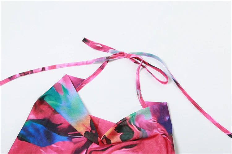 kliou Summer Women Mid-Calf Streetwear Mesh Dress K23D33078 Girl Mul-ti color Print Halter Backless Vestido Slim Shirring Robe