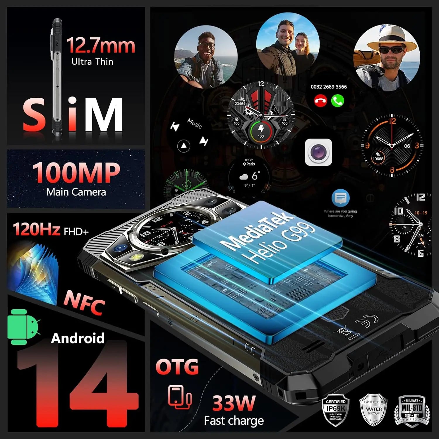 CUBOT KingKong AX Rugged Unlocked-Android14/MTK G99/24G RAM+256G ROM Dual SIM/6.58"&1.32"DualScreen/100MP/IP68 IP69K/33W/GPS/NFC