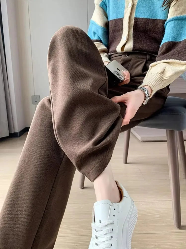 Women's straight leg pants, loose casual wide leg pants, women's adjustable elastic waistband, floor length suit pants