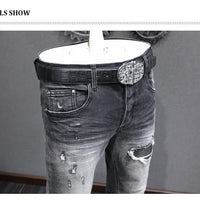Designer Fashion New High Quality Black Grey Jeans Elastic Slimming Perforated Patch Washed Jeans High Street Hip Hop Brand Pant