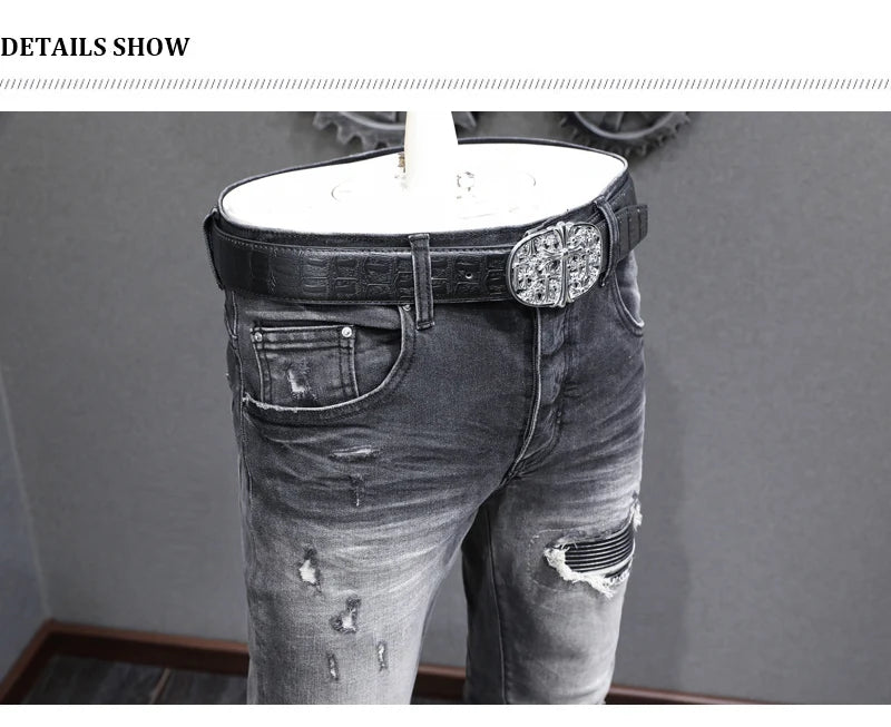 Designer Fashion New High Quality Black Grey Jeans Elastic Slimming Perforated Patch Washed Jeans High Street Hip Hop Brand Pant