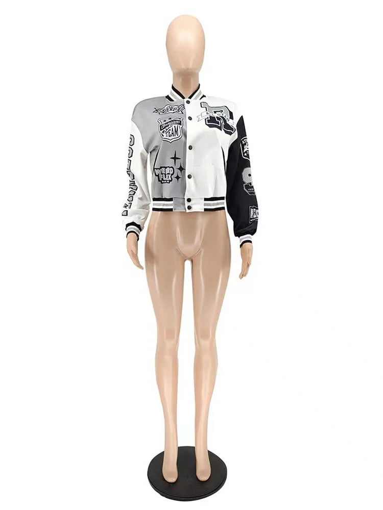 Winter Fall Jacket For Women Coat Trend O Neck Buttons Cropped Top Jacket Patchwork Baggy Blue Female Outerwear varsity jacket