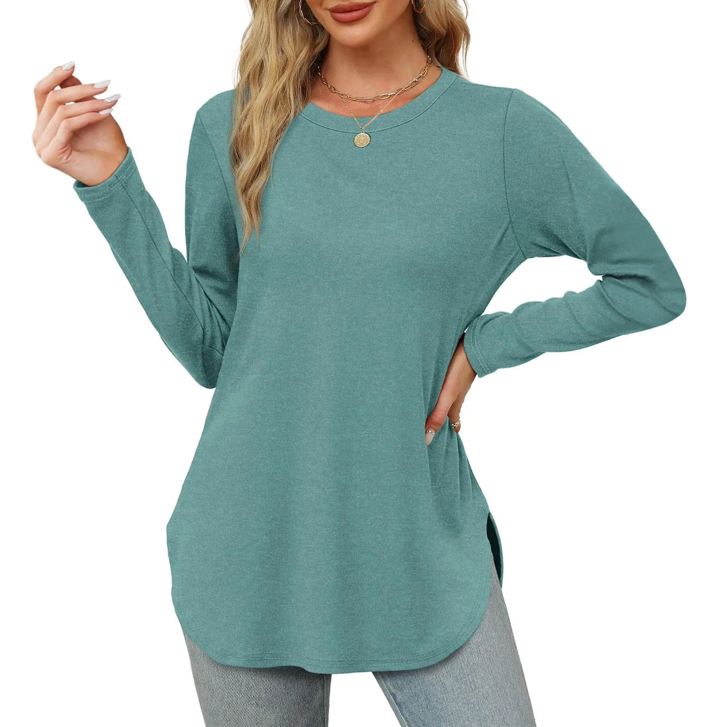 Traf 2024 Mujer Womens Long Sleeve Round Neck Shirts Side Split Basic Loose Tunic Tops Casual Shirts Ropa De Mujer Fashion