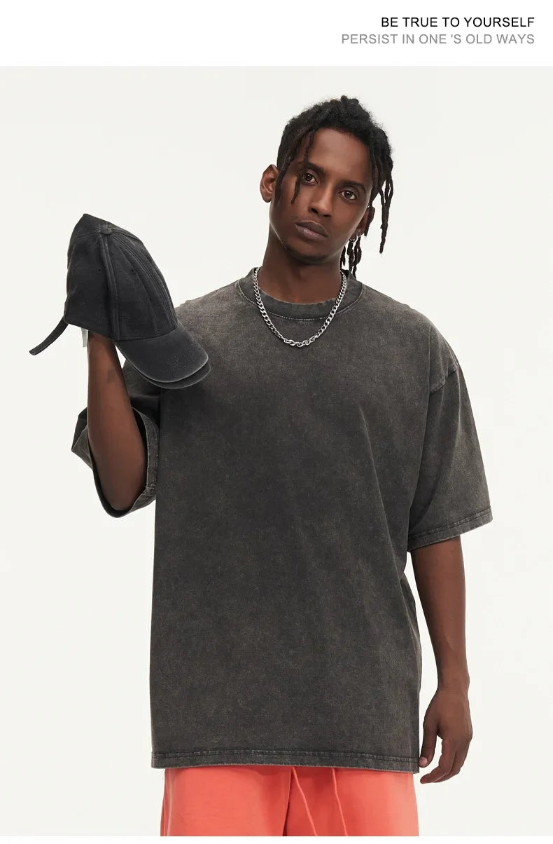 Summer men's washed T-shirt women's cotton loose round neck oversized T-shirt men's Korean Y2k top casual retro