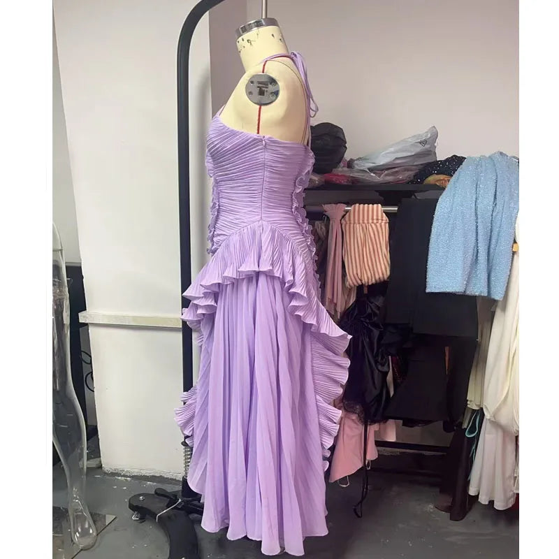 Chic Elegant Lotus Edge Maxi Dress Slim Fit Backless Lace Up Halter Robes Sleeveless Party Vestidos 2025 Nw Lady Vacation Gowns