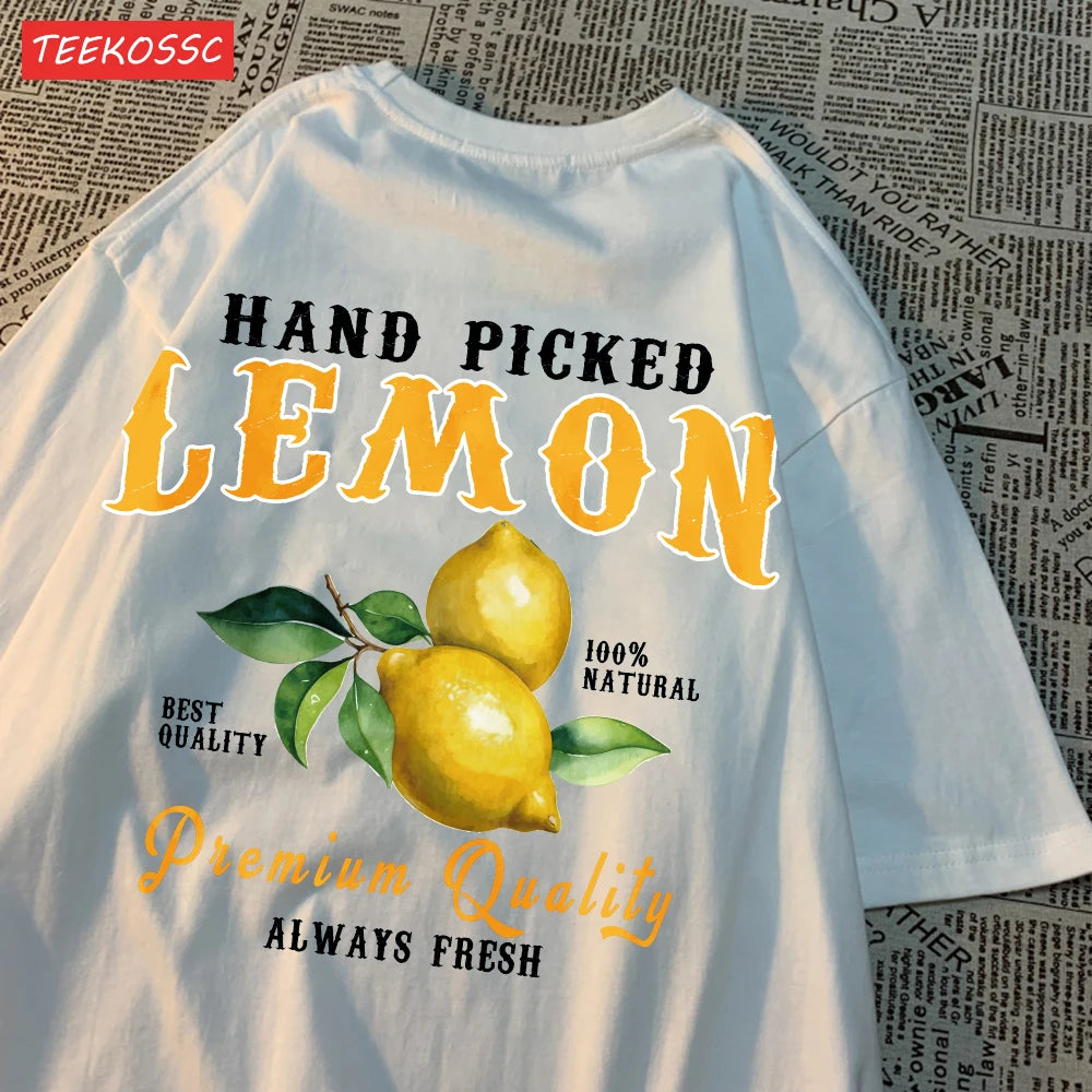 Summer Lemon Cherries Prints T-Shirts Cotton Women's Tops Oversize O-Neck Soft Short Sleeve tees Street Casual Womans Clothes