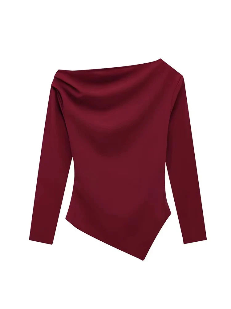 TFMLN 2025 Fashion Asymmetric Women Top T Shirts New Elegant Spring Summer Elastic Clothes Long Sleeve Shirt Top