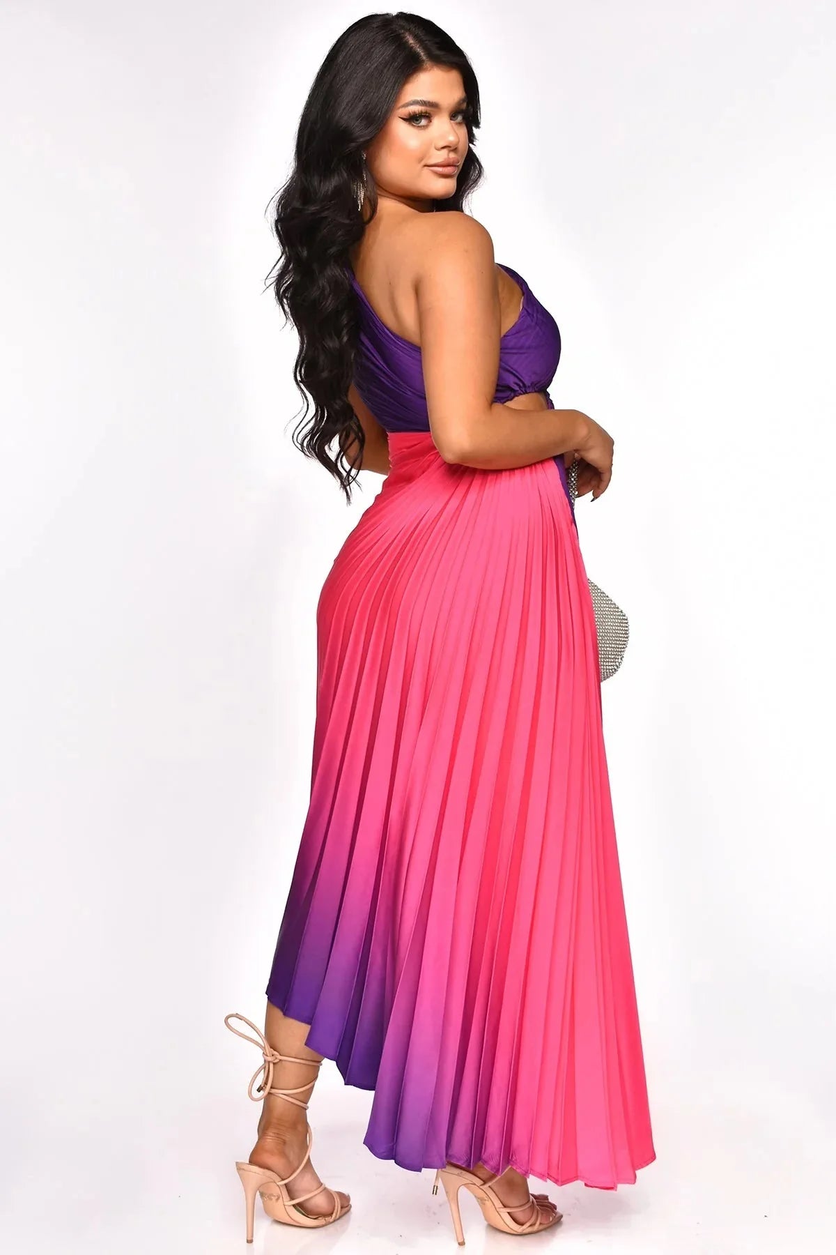 CM.YAYA Women Gradient Printed Pleated One Shoulder Roll Waist Maxi Irregular Big Swing Dress 2023 Sexy Party Vestidos Dresses