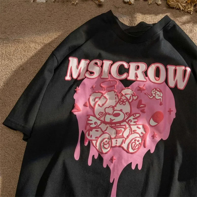 Kawaii Women's T Shirt Korean Pink Love Bear Print Short Sleeve T-Shirt Female Harajuku Tee Shirt Streetwear Tops Women Clothes