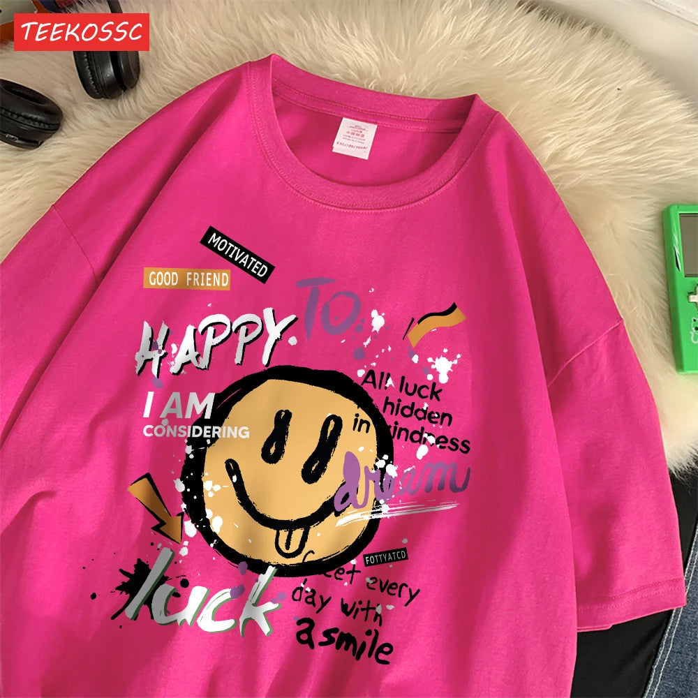 Summer Cotton Women T-Shirts Fun Graffiti Cute Smiling Face Prints Tees Breathable Loose O-Neck Casual Street Female Clothes