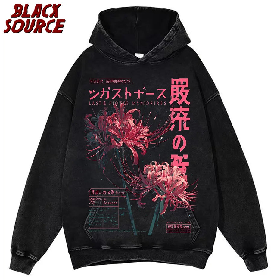 T171 Anime Aesthetic Washed T-shirt with Soft Grunge Flower Japanese Spider Lily, Aesthetic Clothing, Shirts for men's Clothing