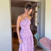 Elegant Purple Halter A Line Prom Gowns Ruffles Tiered Backless Party Gown Summer Vacation Chiffon Long Evening Dress