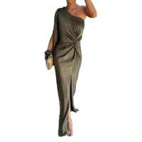 Slim Fit Pure Color Summer New Style Knot Slit Shoulder Women's Dress Fashionable Elegant Ankle Length One Shoulder Dress