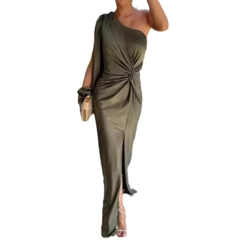 Slim Fit Pure Color Summer New Style Knot Slit Shoulder Women's Dress Fashionable Elegant Ankle Length One Shoulder Dress