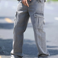 Men's multi pocket denim work pants straight leg denim pants