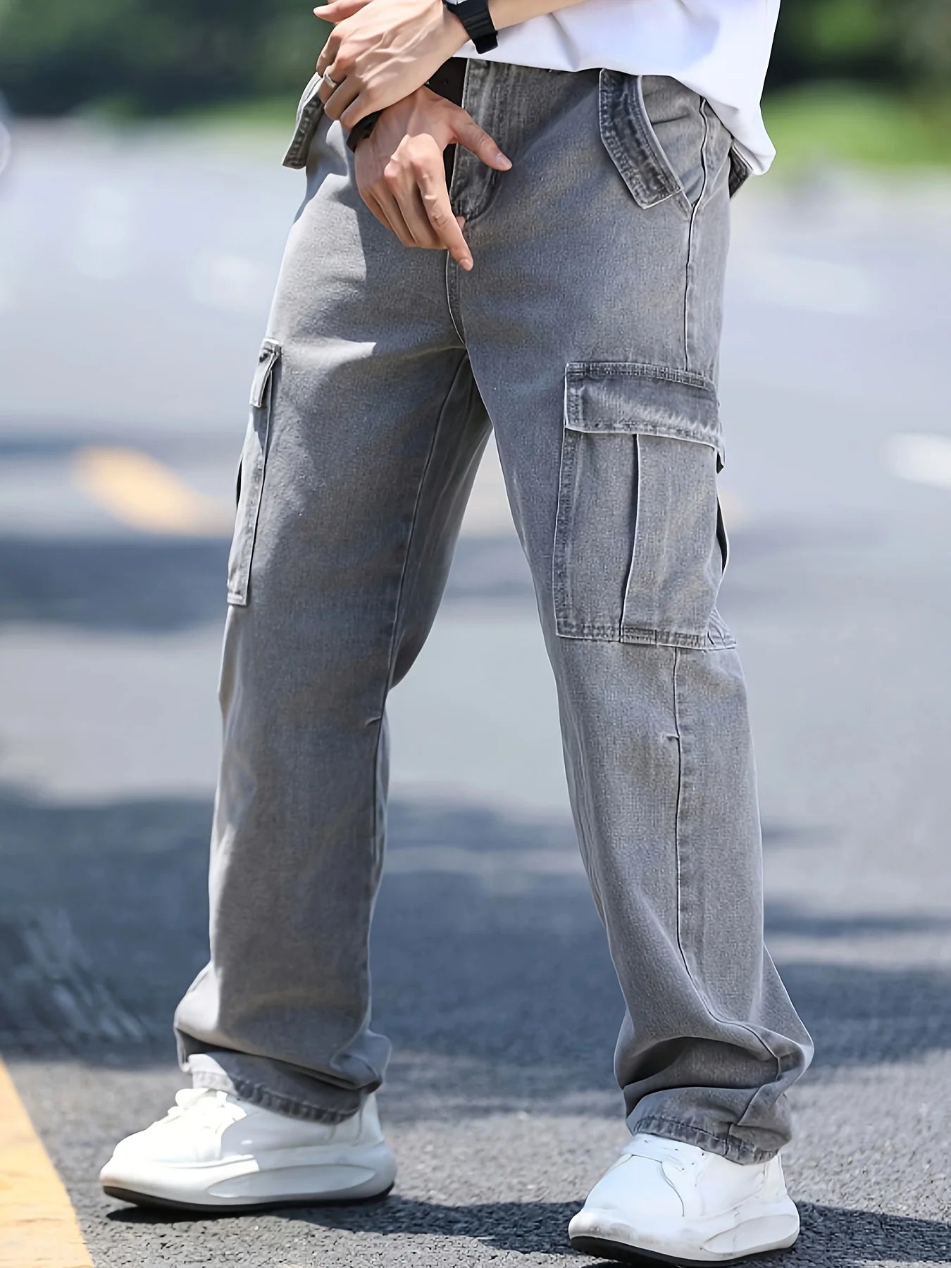 Men's multi pocket denim work pants straight leg denim pants