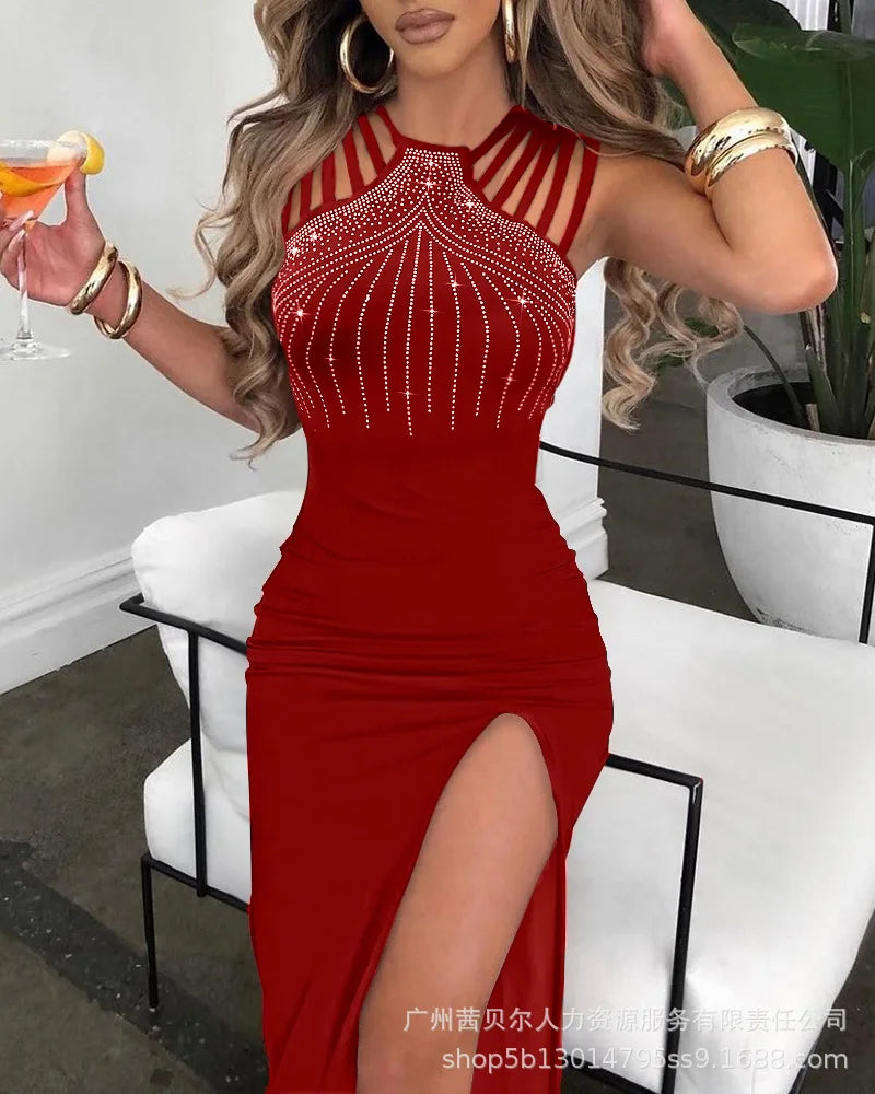 Women Spring Summer Glitter Lurex Halter High Slit Slim Fit Metal Chain Mid-Calf Bodycon Party Dress Sexy