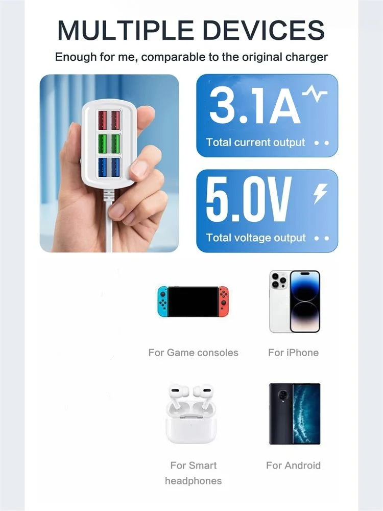 Elough 6 USB Charger Power Strip Desktop Fast Charging EU/US Plug Wall Phone Charger Adapter Electric Socket HUB Splitter 1M