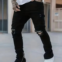 Men's Slim Fit Black Jeans - Street Style, Cotton Blend, Mid-Stretch Fabric, Ripped Detail, All-Season Wear