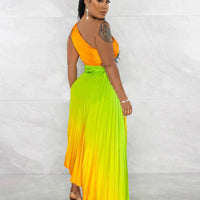 CM.YAYA Women Gradient Printed Pleated One Shoulder Roll Waist Maxi Irregular Big Swing Dress 2023 Sexy Party Vestidos Dresses