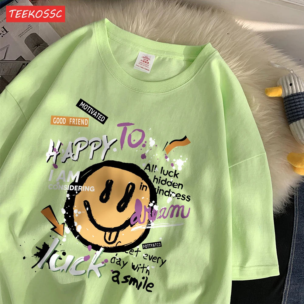 Summer Cotton Women T-Shirts Fun Graffiti Cute Smiling Face Prints Tees Breathable Loose O-Neck Casual Street Female Clothes