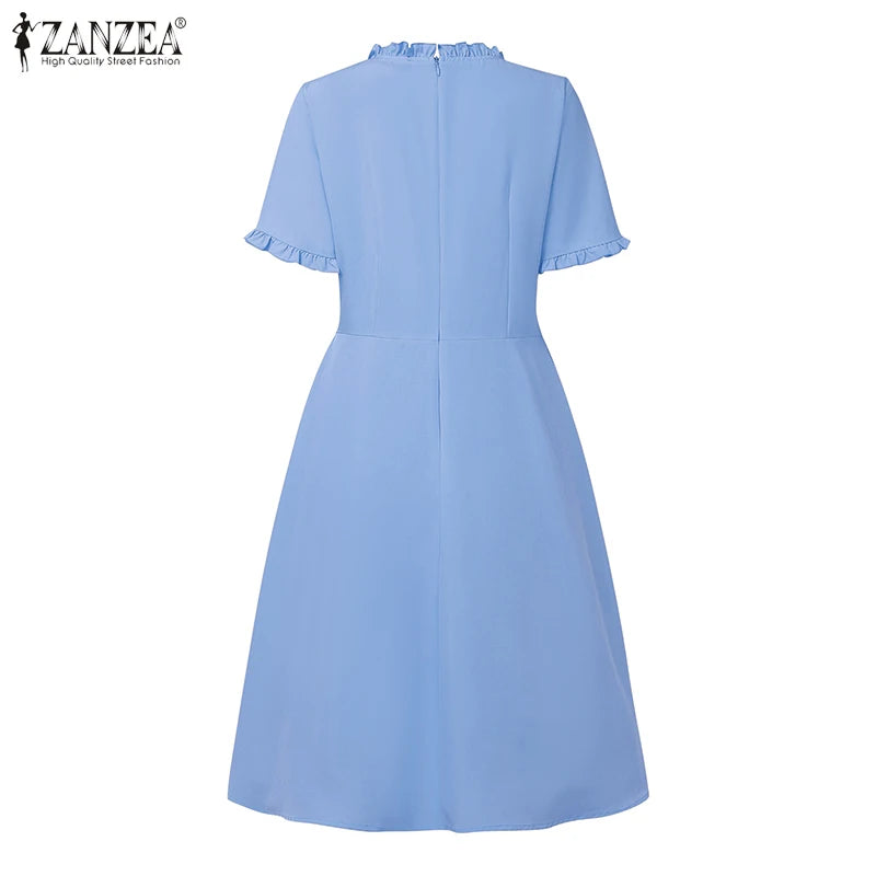 2025 ZANZEA Elegant Women Midi Dresses Summer Office Work Dress Short Sleeve O Neck Party Vestidos Pleated Sundress Robe Femme