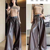 High Waist Wide Leg PU Leather Pants Women's Suit Casual Floor Length Trousers Autumn Winter New Style Loose Fit Long Pants
