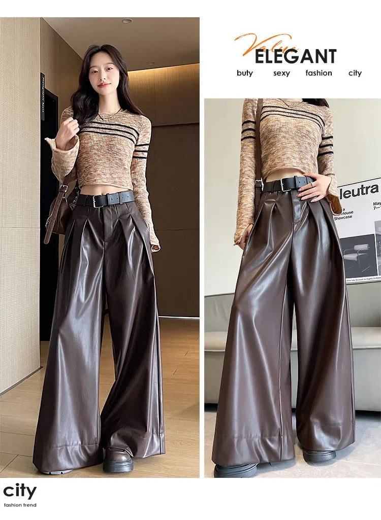 High Waist Wide Leg PU Leather Pants Women's Suit Casual Floor Length Trousers Autumn Winter New Style Loose Fit Long Pants