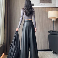 High Waist Wide Leg PU Leather Pants Women's Suit Casual Floor Length Trousers Autumn Winter New Style Loose Fit Long Pants