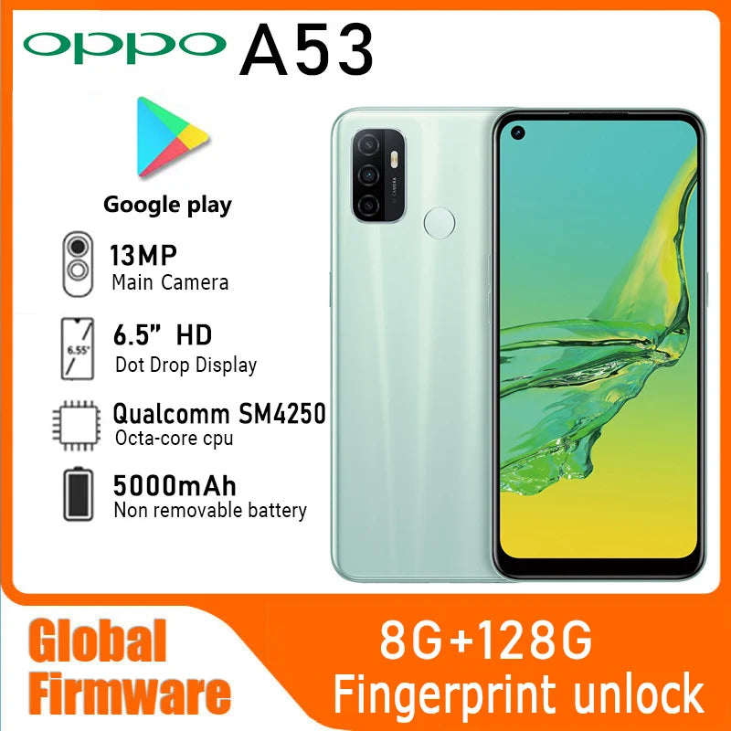 OPPO A53 LTE GSM Unlocked 6.5" 13MP Quadruple camera (Dual SIM)(Qualcomm SM4250)(White/Black/Blue Global) 5000mAh used phone