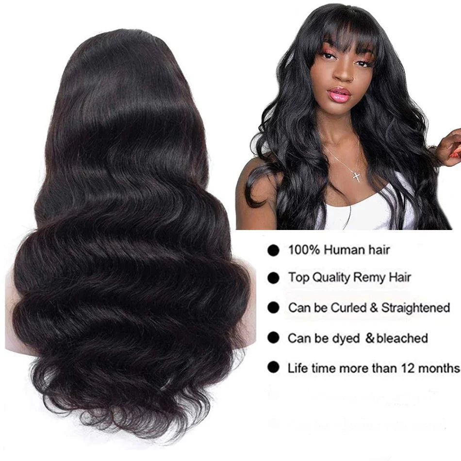 Body Wave Wig With Bangs Brazilian Human Hair Wig Sale Full Machine Made Fringe Glueless Wigs Ready To Wear 100% Original Hair