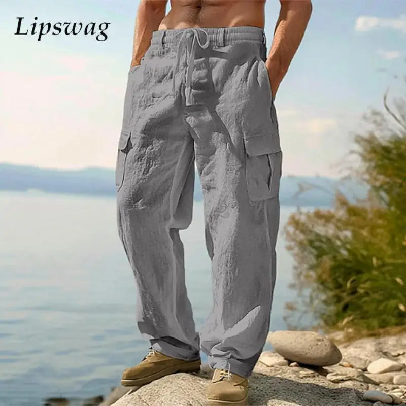 Summer Outdoor Fashion Linen Pants Mens Stylish Multi Pockets Drawstring Cargo Pants Daily Leisure Men Loose Straight Trousers