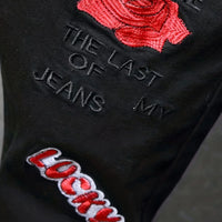 Men's slim fit jeans embroidered elastic straight leg denim pants