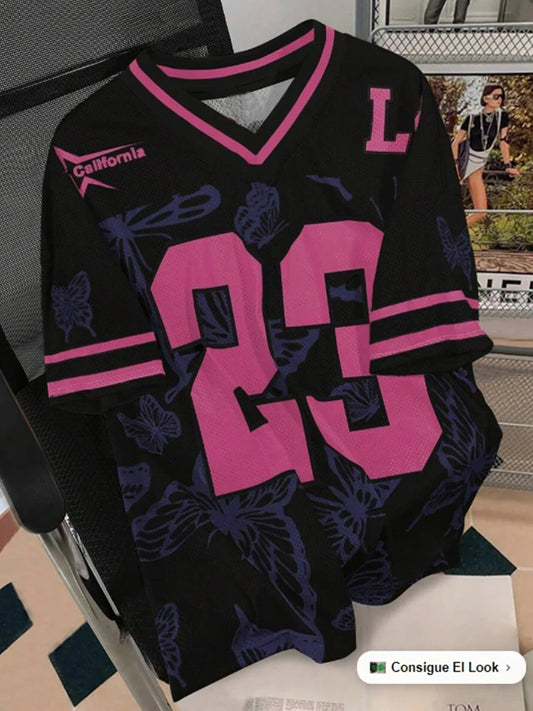 Summer Fashion Butterfly 23 Print TShirt For Women V-Neck Mesh Hole Short Sleeve Sports Football Jersey Y2K Loose Women Clothing