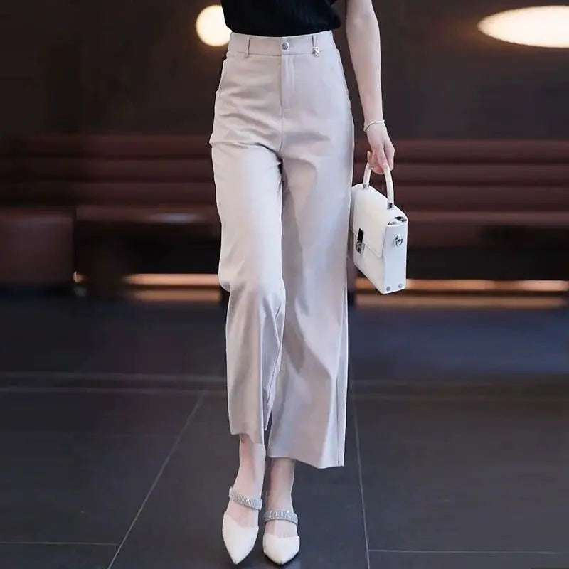 Nine-point Wide-leg Pants for Women in Summer Thin New High-waist Drooping Ice Silk Suit Women's Slim Straight Pants