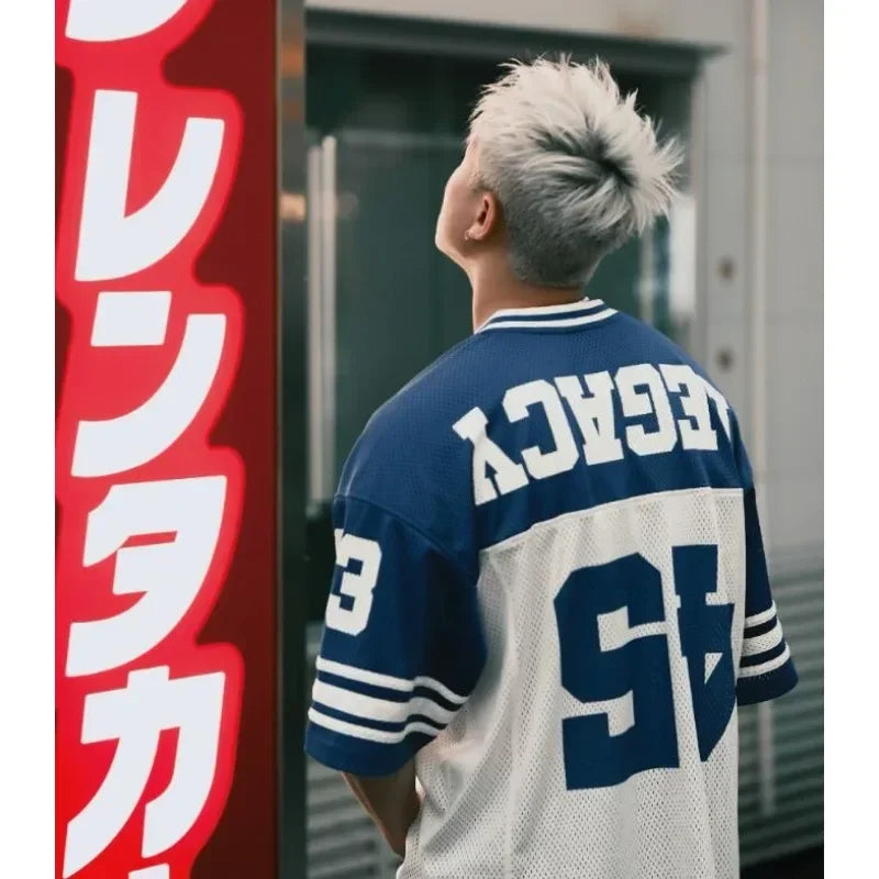 European and American Men's and Women's Football Enthusiasts Fashionable V-neck Short Sleeved T-shirt Retro Rugby Football Tops