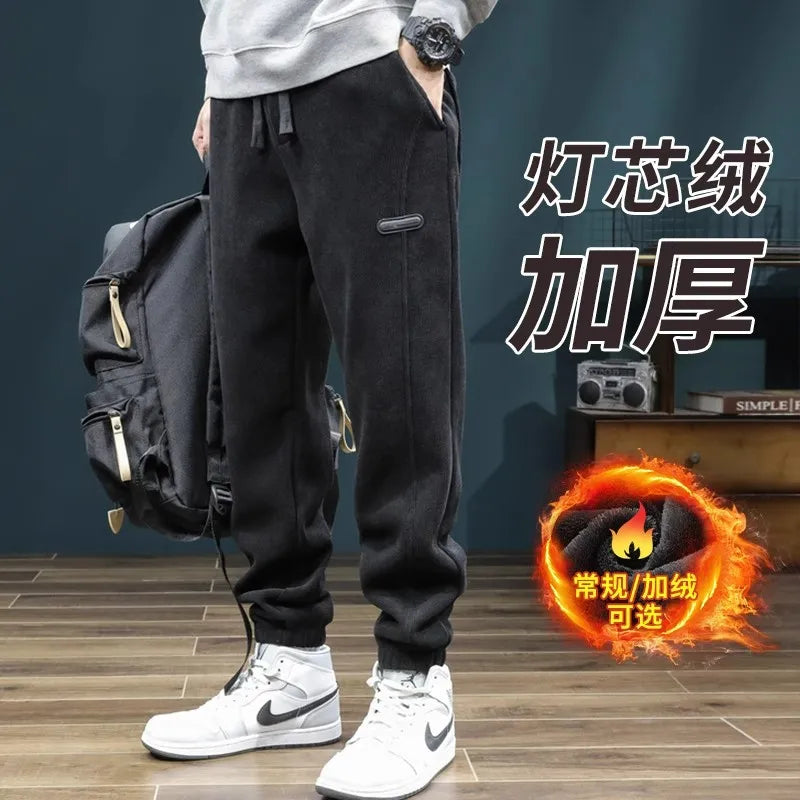 Men's Autumn Winter Thiened Fce Lined Corduroy Pants Loose Sports Casual High Street Trend Wear Resistant Dir Long Tro...